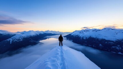 hiker standing on a snowy mountain peak overlooking a fjord at sunset