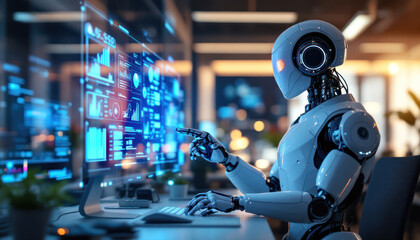 Fototapeta premium Futuristic Robot Analyzing Data on a Holographic Display