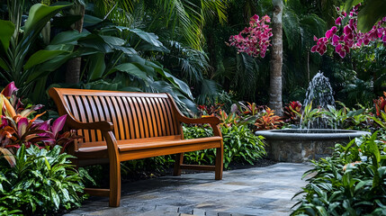 Obraz premium Serene Tropical Garden with Bench and Fountain
