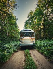 Fototapeta premium Autobus abandonado el bosque, cubierto de malezaen medio de un camino rural