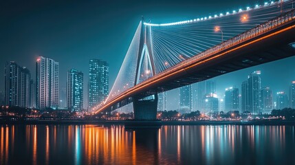 Naklejka premium Illuminated Bridge Spanning Cityscape at Night