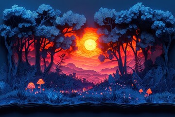 Fototapeta premium Enchanted Forest Scene with Vibrant Sunset Paper Cut Art
