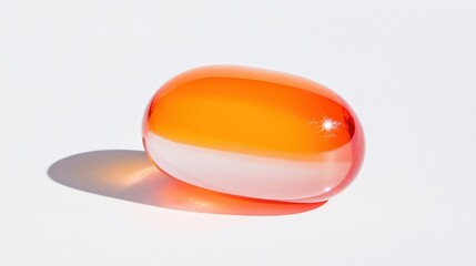 close up of a translucent orange and white pill capsule on white background
