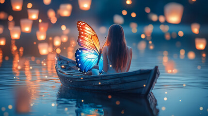 Serene Escape: Woman with Butterfly Wings on a Boat at Night