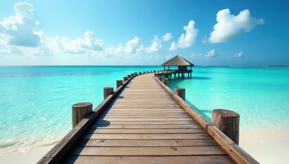 Obraz premium Rustic wooden boardwalk over tranquil marine waters, exterior, coast