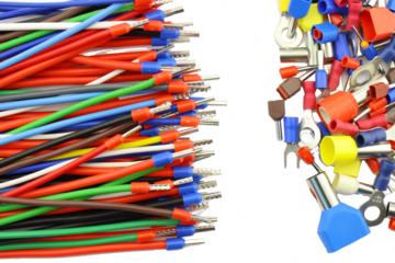 Copper electrical wiring wires in colored insulation. Transparent background in PNG.