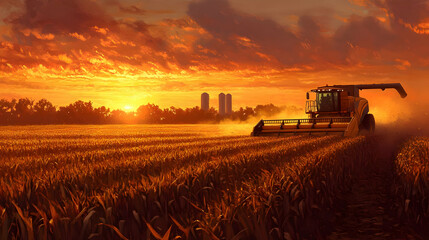Harvest Sunset: Golden Field and Agricultural Machinery