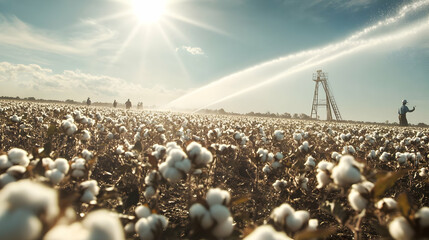 Cotton Plantation: A View of Irrigated Fields and Workers Harvesting