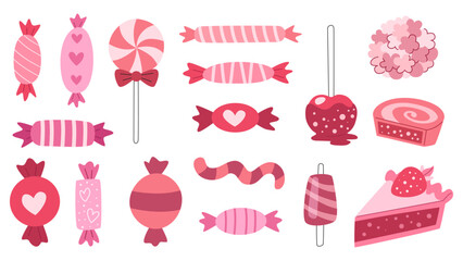 Cute romantic candies and desserts set. Pink sweets for Valentine's Day, wedding, anniversary and other holidays. Isolated on white background.