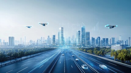 Obraz premium Autonomous Vehicles Flying Cars Cityscape Highway Future Technology