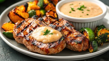 Plate of food with two grilled pork chops on it. the pork chops are golden brown and appear to be seasoned with herbs and spices.