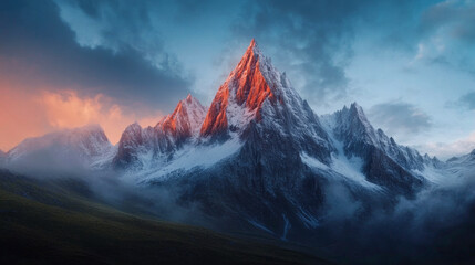 Obraz premium Majestic mountain peaks illuminated by sunrise with misty valleys and dramatic clouds in the background
