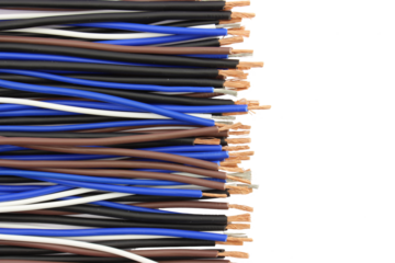 Copper electrical wiring wires in colored insulation. Transparent background in PNG.