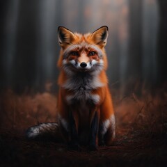 a majestic red fox sits in a dark forest