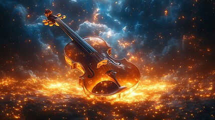 Fototapeta premium Fiery violin rests on glowing embers, dramatic sky