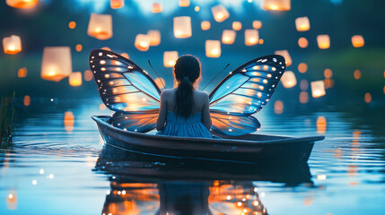 Girl with Butterfly Wings on a Boat at Night
