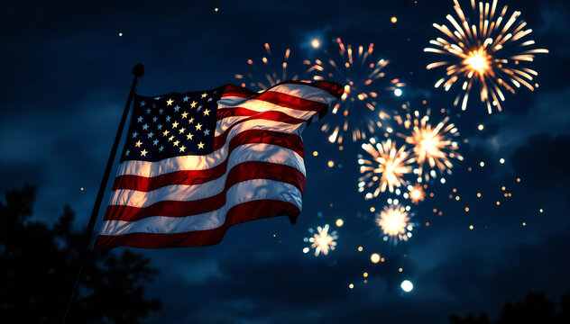 An American flag waves proudly against a backdrop of dazzling fireworks exploding in the night sky, symbolizing national pride and celebration.