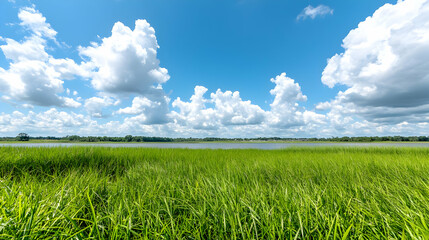 Obraz premium Sunny day, lush green grass, calm lake, blue sky, clouds; nature scene