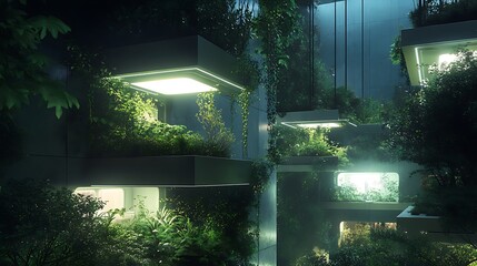 A modular building with glowing suspended platforms and lush greenery
