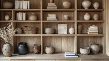 Unique pottery collection displayed on wooden shelves in a minimalist studio setting