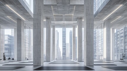 Modern city gym interior, spacious, concrete, workout, yoga mats, cityscape view