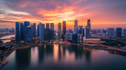 Fototapeta premium Singapore Skyline Sunset Cityscape Stunning Aerial View
