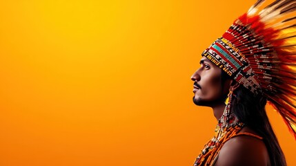 Obraz premium A proud indigenous individual wearing a traditional feathered headdress against an orange background.