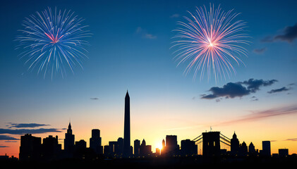 City skyline during sunset with silhouettes of tall buildings, including an iconic spire. Fireworks in blue and pink burst in the sky on either side, with a gradient of orange and blue in the backgrou