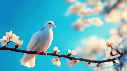 A serene white dove perched on a blooming branch against a tranquil blue sky.