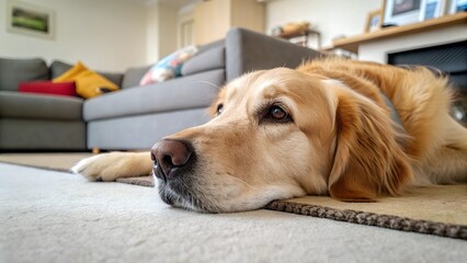 Golden retriever is lying on the floor at home. Best Friend. Portrait of a healthy domestic animal on a carpet in living room. Adorable calm dog resting near the sofa, free copy space.