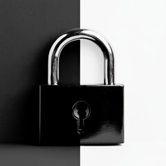 Naklejka premium Modern padlock on black and white background - A sleek padlock resting on a split black and white background symbolizing security and protection.