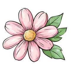 Hand Drawn Pink Flower with Green Leaves