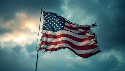 American flag waving on a flagpole, showing signs of wear with frayed edges, against a dramatic sky with clouds and sunlight peeking through 