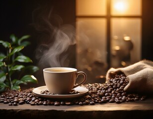 tasse de café dans un décor de café en grains	 sur une table avec un calepin pour prendre des notes en ia

