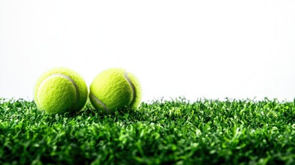 Two vibrant tennis balls resting on a lush green grass surface.