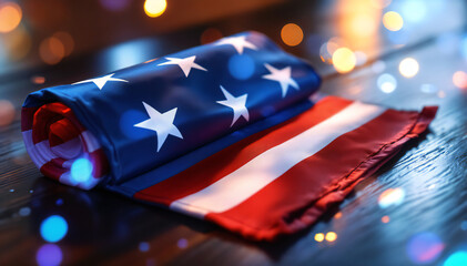 A folded American flag with blue and white stars on a white background, resting on a wooden surface. The background features soft, warm bokeh lights , creating a festive atmosphere