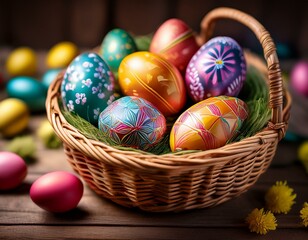 Fototapeta premium panier d'oeufs décorés avec de belles couleurs pour les fêtes de pâques en ia