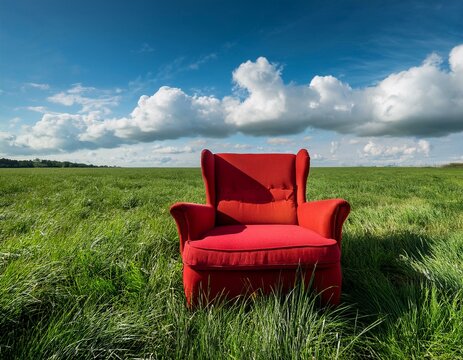 Un fauteuil rouge pos&eacute; dans une prairie d'herbe verte luxuriante, sous un ciel bleu avec des nuages ​​blancs moelleux en arri&egrave;re-plan en ia