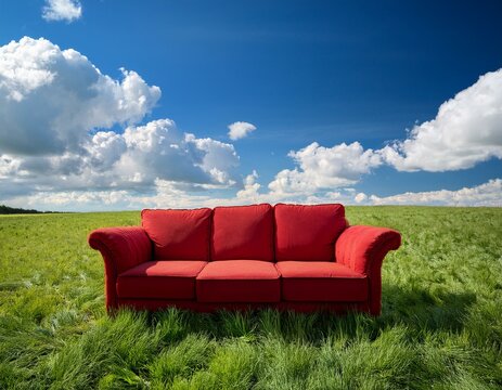Un canap&eacute; rouge pos&eacute; dans une prairie d'herbe verte luxuriante, sous un ciel bleu avec des nuages ​​blancs moelleux en arri&egrave;re-plan en ia