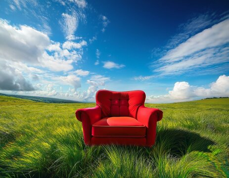 Un fauteuil rouge pos&eacute; dans une prairie d'herbe verte luxuriante, sous un ciel bleu avec des nuages ​​blancs moelleux en arri&egrave;re-plan en ia