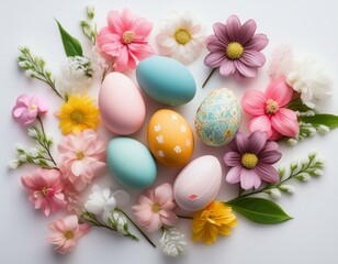 petits oeufs de p&acirc;ques d&eacute;cor&eacute;s et peint avec des fleurs fraiches dans un d&eacute;cor tendre en ia