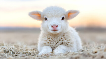 Fototapeta premium Cute fluffy white lamb lying on dry grass in a pasture during golden hour.