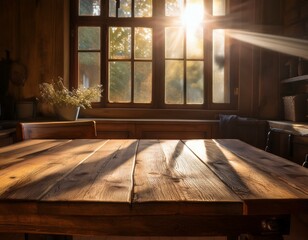 table rustique en bois éclairée par le soleil passant par une fenêtre en ia dans une atmosphère douce