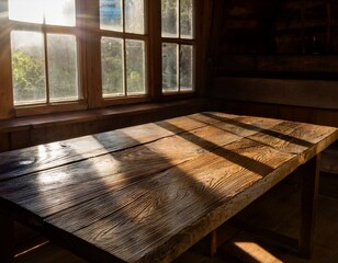 table rustique en bois éclairée par le soleil passant par une fenêtre en ia dans une atmosphère douce