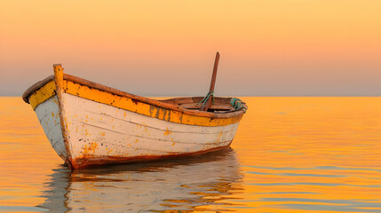 Fototapeta premium Sunset boat sea calm ocean peaceful evening landscape
