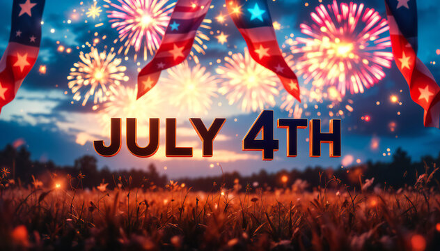 Fireworks exploding in a colorful night sky with vibrant bursts of red, white, and blue. In the foreground, there is a grassy field with the text "JULY 4TH" prominently displayed in bold letters.