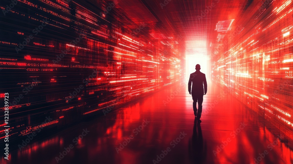 Poster a man walks through a digital red data corridor