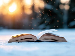 open book in winter snow at sunset