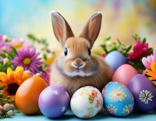 Petit lapin mignon au milieu d'oeufs de pâques décorés pour la célébration en ia