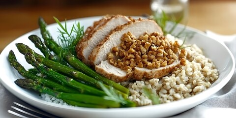 Gourmet Turkey Breast with Stuffing and Asparagus: A mouthwatering meal featuring a succulent roasted turkey breast stuffed with savory bread crumbs.